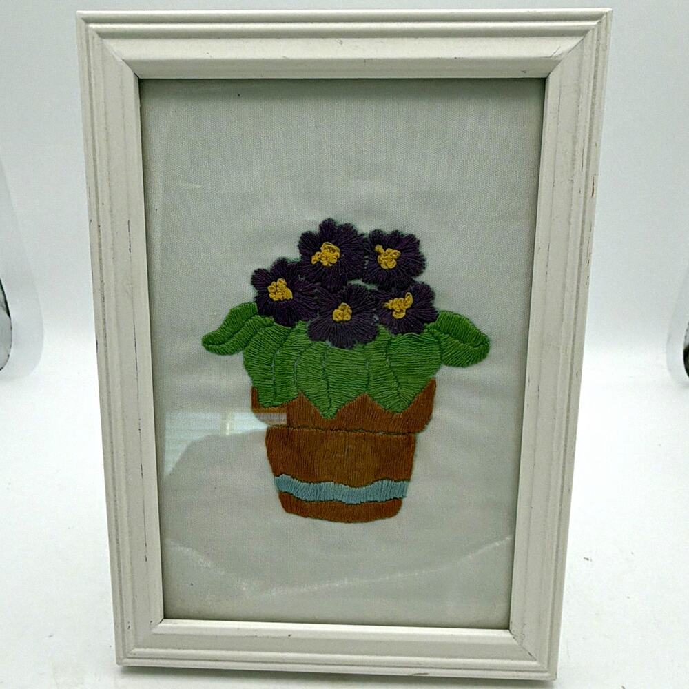 Handmade Framed Crewel Embroidery Potted Purple Flowers Signed Dated 2011